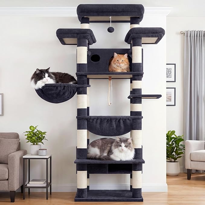 Gitelsnour Cat Tree for Indoor Cats Large Adult, 74" Cat Tower with 3 Big Platforms, 2 Baskets, 2 Condos, Multi-Level Cat Scratching Posts, Smoky Gray GCT030G