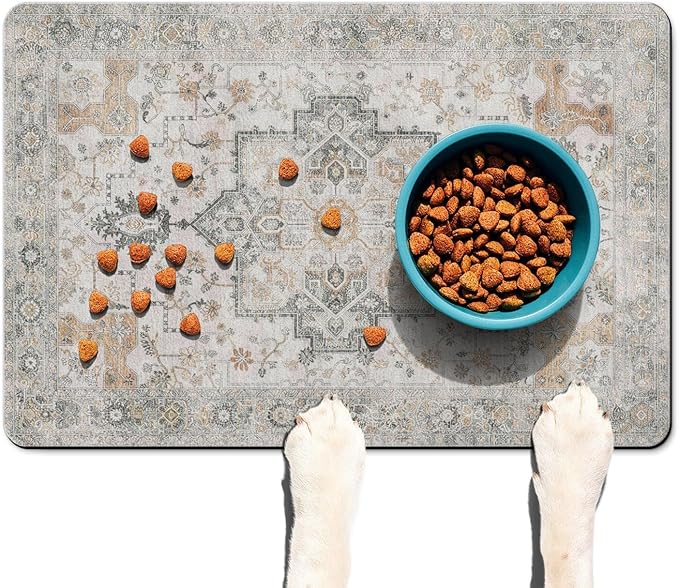 Vintage Tribal Dog Food & Water Mat, Boho Pet Feeding Mat for Floor Non-Slip Waterproof, Super Absorbent Cat Bowl Mat, Easy to Clean Durable Pet Placemat,12" × 20"
