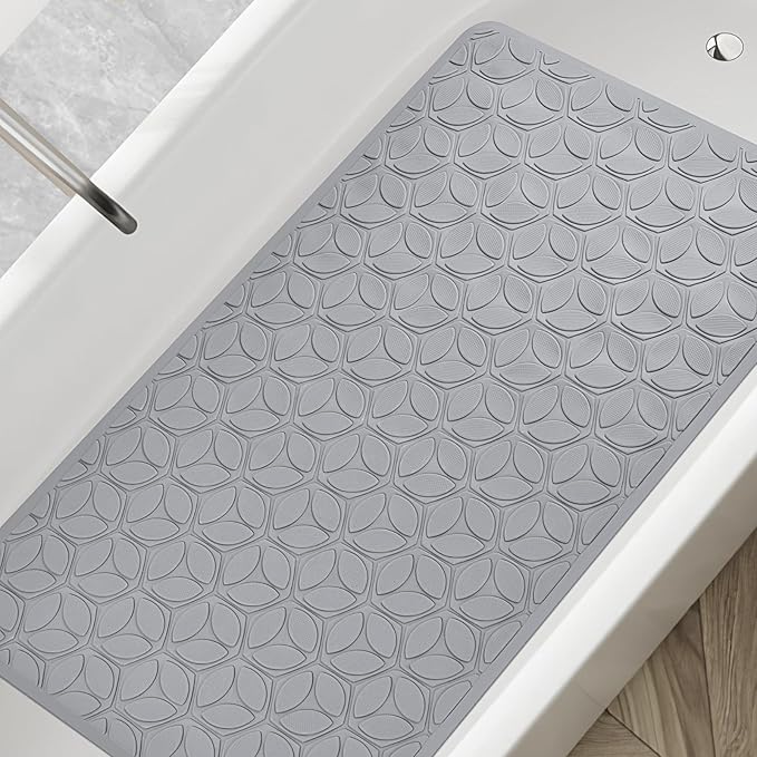 Bathtub Mat Non Slip with Suction Cups - 100% Rubber Bathroom Mat Textured for Bath Tub Shower Safety - Soft on Touch - BPA/PVC Free - Pet Dog Bath Mat - Machine Washable - 17 × 35 Inch(Gray)