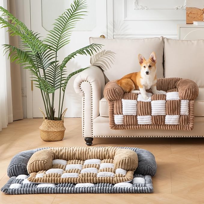 Dog Bed for Couch with Bolster, Comfy Couch Cover for Dogs Washable, Non-Slip Plush Furniture Protector, Calming Fuzzy Lounge Mat, Pet Sofa Accessories (Grey, X-Large)
