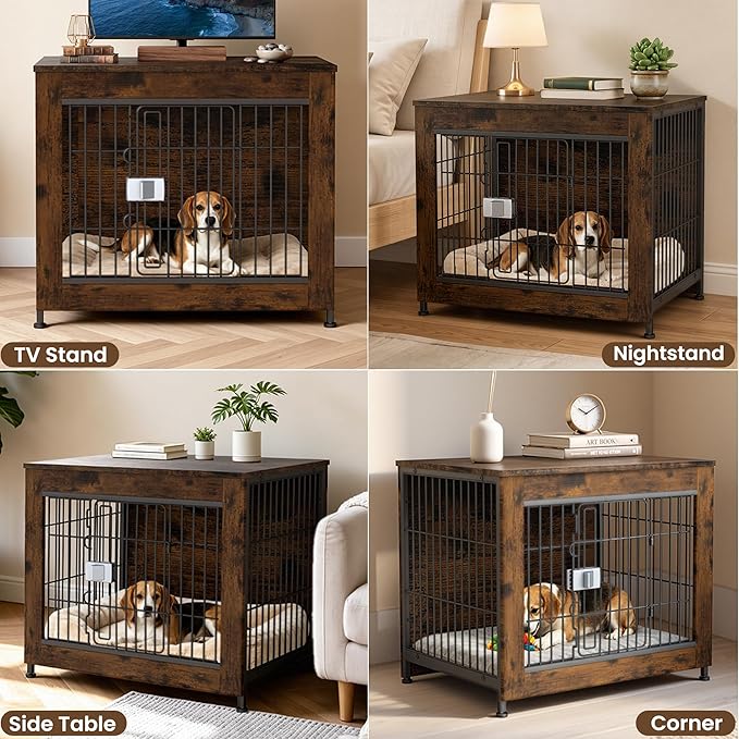 Wooden Dog Crate Furniture, 27in Dog Cage Furniture with Slide Safety Latch, Indoor Decorative End Table for High Anxiety Dogs, Furniture Style Dog Crate for Small to Medium Dogs, Aged Black