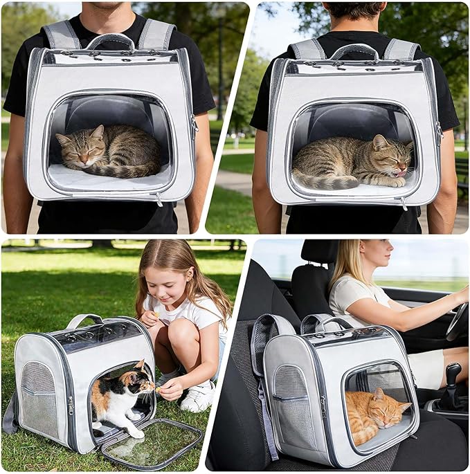 Cat Soft-Sided Carrier Backpack, Breathable Mesh Foldable Pet Travel Carrier with Reinforced Support, Portable Puppy Carrying for Kitty Up to 15lbs (Grey)