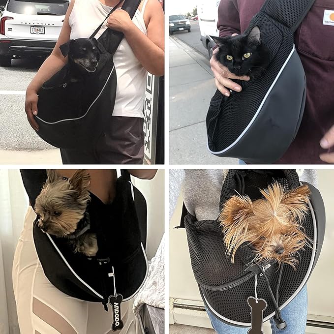 YUDODO Pet Sling Carrier for 2-5 lbs Small Dogs & Cats – Hands-Free Puppy Carrier with Safety Hook, Large Zipper Pocket, Soft Breathable Mesh, Adjustable Strap & Reflective Strip (Black 2.0 S)