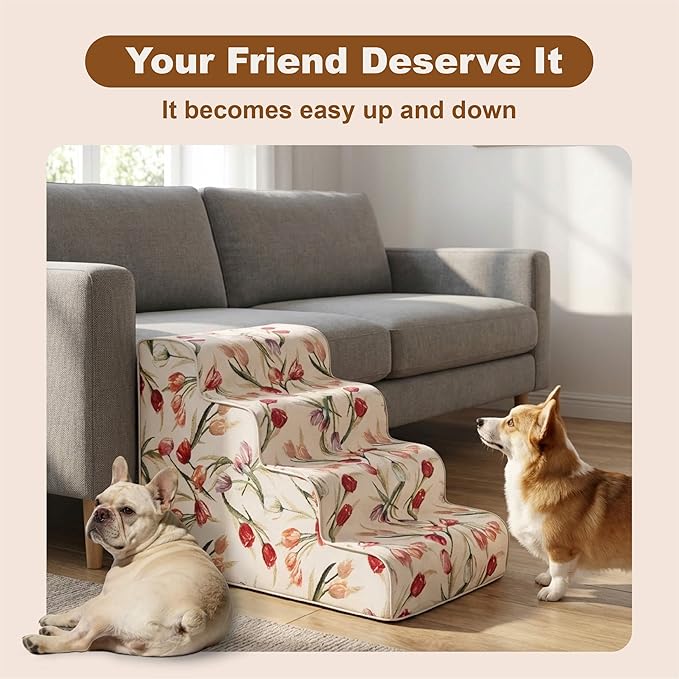 4-Step Dog Stairs for Bed & Couch 18" H, Extra Long Dog Steps for Bed with 30D Foam, Country Style Pet Stairs for Small Dogs and Older Cats, Beige