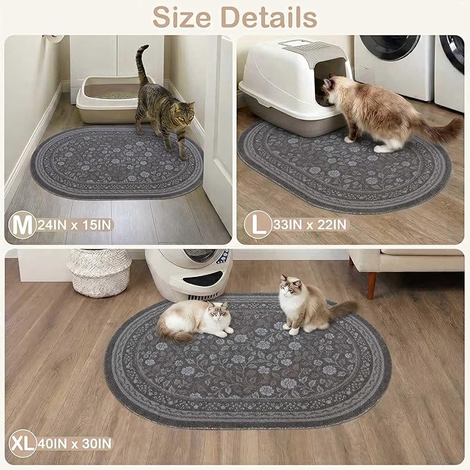 Bienbee Cat Litter Mat, 33" x 22" Large Size Litter Box Mat Rug with Non-Slip Bottom,Urine and Water Proof, Easy to Clean Cat Supplies Essentials for Indoor Kitty Kitten Floor, Gray Flowers L