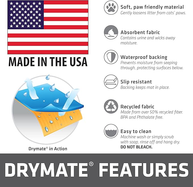 Drymate Cat Litter Box Mat, Litter Trapping Mat, Waterproof, Urine-Proof, Absorbent, Machine Washable, Soft on Paws, Contains Mess, Protects Floors, Kitten Supplies, Dark Grey, 28x36 XL