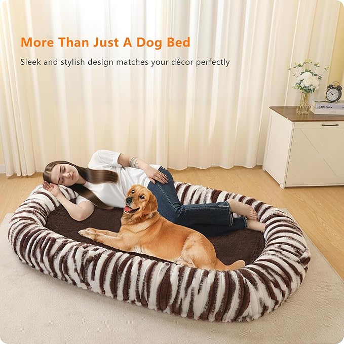 Human Dog Bed for Adult, Reversible Orthopedic Gel Memory Foam Cushion, Washable Corduroy Fleece, Plump Edge with Blanket, Storage Pocket, Strap, 71"x47.2"x9", Extra Large, Tie-dye Brown