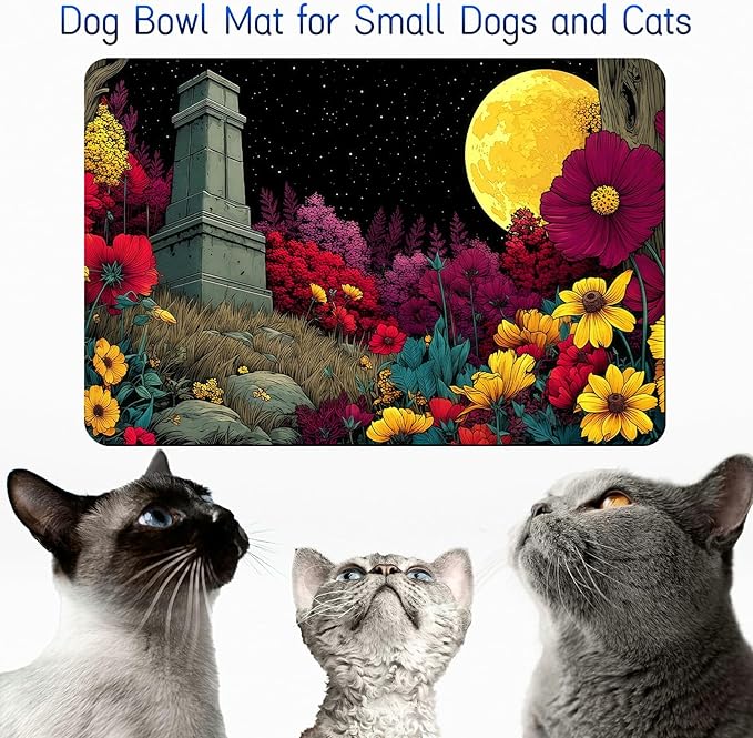 Dog Food Mat, 15.7" x 23.6" Absorbent Pet Feeding Mat for Food and Water, Waterproof Diatom Mud Pet Placemat with Non-Slip Rubber Backing, Easy Clean Cat Bowl Mat for Floors - Dark Flower Moon