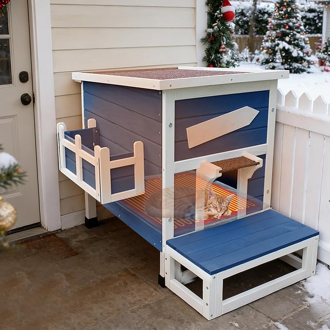 Rockever Heated Cat House for Outside Cats in Winter, Large Heated Cat Houses with Heating Pad, Wooden Outside Cat Shelter Weatherproof with Escape Door(Blue)