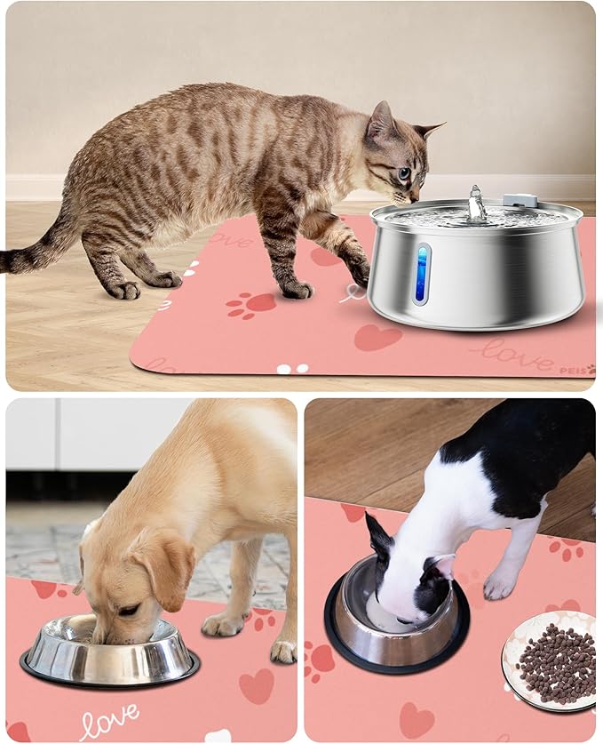 PEISAINOX Cat Dog Food Mat, Rapid Water Absorption Dog Mat for Food and Water,100% Waterproof Cat Dog Bowl Mat, 16"x27"-Pink