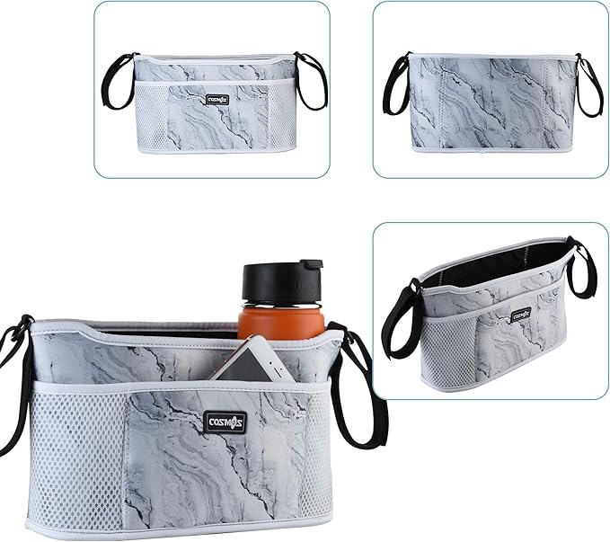 CM Stroller Organizer Diaper Bag Stroller Accessories Pack with Drink Holders and Zipped Pockets for Baby Stroller, Car, Shopping Cart. Fits All Major Strollers. (Marble White)