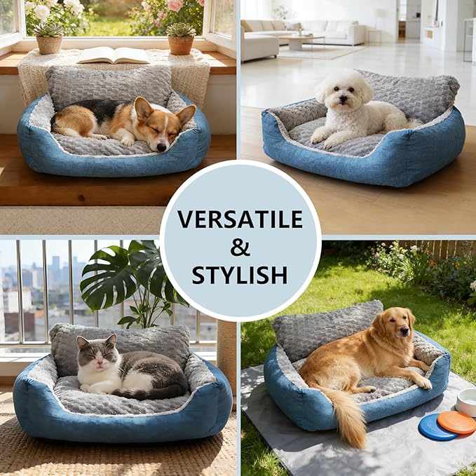 Small Dog Bed & Cat Sofa, 24"x20"x12" Soft Plush Calming Pet Bedfor Deep Sleep, All-Season Faux Fur Linen Orthopedic Puppy Bed with Non-Slip Bottom, Machine Washable, Fits Pets up to 17 Ibs