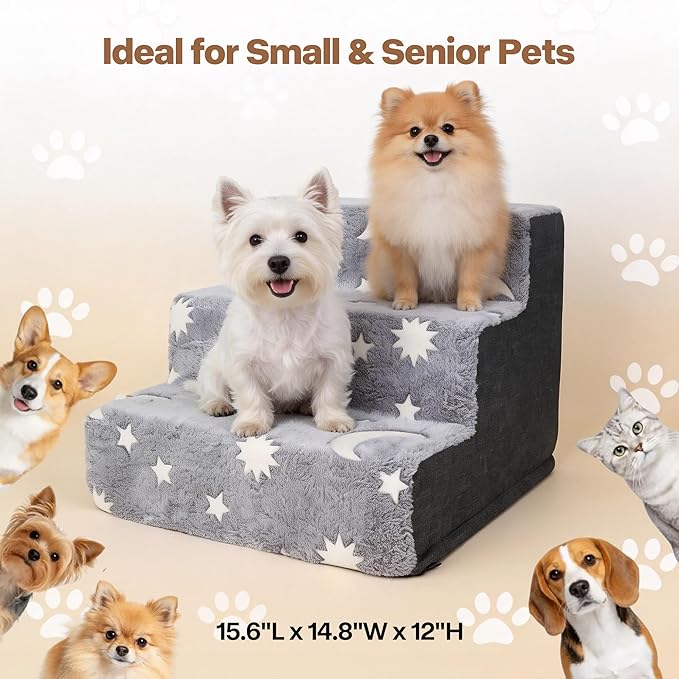 Pawise 3 Step Dog Stairs, Glow in The Dark Pet Steps, Non-Slip Dog Ramp with Zipper, Star Moon Pattern Plush Pet Stairs for Couch Sofa Bed, Indoor Portable Steps for Medium Large Dogs and Puppy