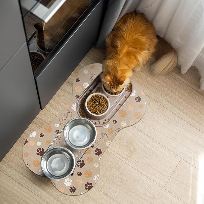 Pet Dog Cat Food Mat, Absorbent Bone Shaped Dog Bowl Mats for Food and Water, Non Slip Cute Dogs Cat Placemats Feeding Mat with Rubber for Floors Indoor Puppy Pet Accessories Supplies 16"x24" Khaki
