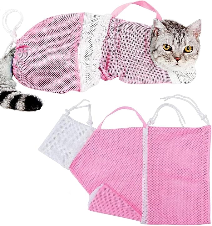 Adjustable Cat Bathing Grooming Bag, Puppy Dog Pet Cleaning Shower Net Bag, Anti-Bite Scratch Cat Restraint Bag for Shower, Cleaning Ear, Medicine Feeding, Nail Trimming (Pink + White)