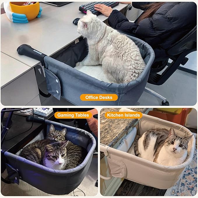 Cat Desk Bed for Large Cats 50 lbs Heavy Duty Cat Bed for Desk Attachment with Paw Design Extra-Sturdy Dog Chair Dual-Sided Mat Waterproof Easy Assembly for Gaming Desk Kitchen Island White