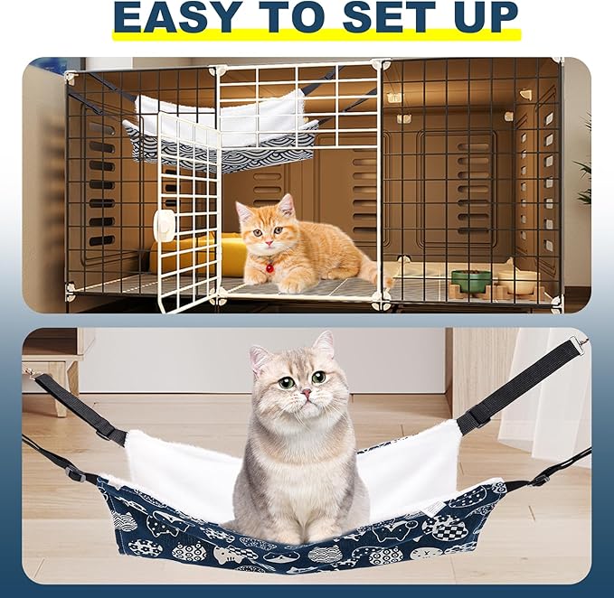 BCHARYA 2 Pieces Cat Hammock for Cage Hanging Reversible, Soft Pet Cage Hammock with Adjustable Straps, Double Hammock Suitable for Cats, Puppy, Ferrets, and Small Animals (M, CAT) 