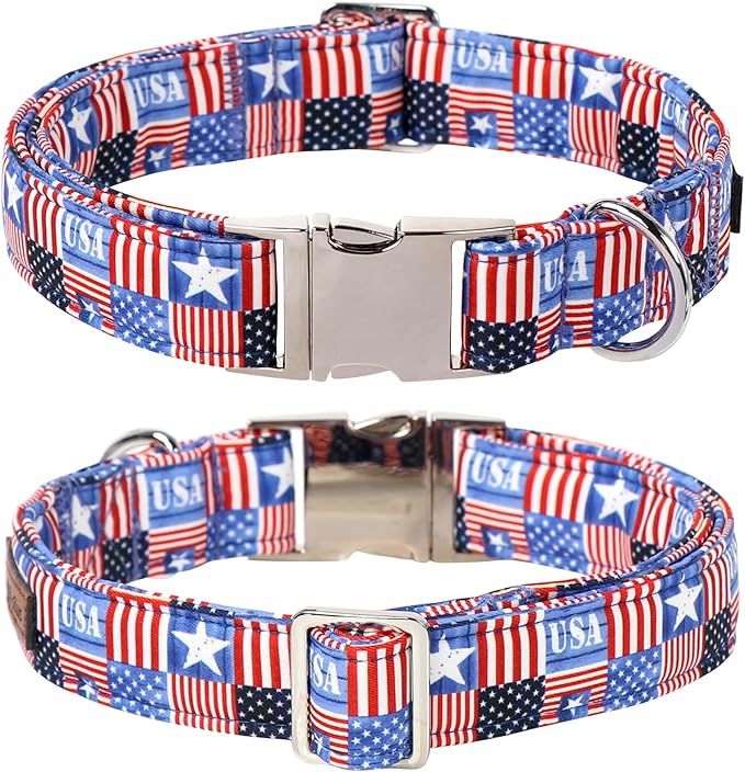 Lionet Paws 4th of July Dog Collar with Bowtie, Cute Summer Dog Collar for Girl for Large Dogs, Adjustable Cotton USA Flag Pet Collars for Medium Large Dogs