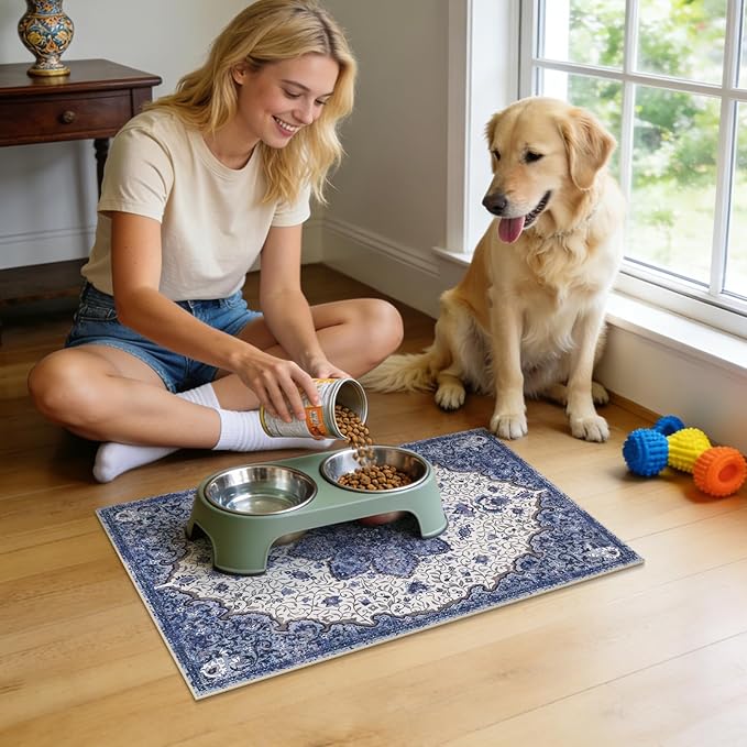 Boho Dog Feeding Mat, Absorbent Cat Matt for Food, Non Slip Pet Water Bowl Placemat Small for Floor, Cream & Dark Blue Indoor Dog Eating Dish Mat 12"x20"