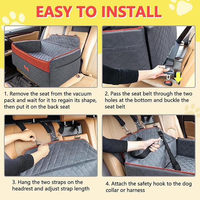 Dog Car Seat for Medium Large Dogs, Detachable Washable Pet Booster Seat with Memory Foam Cushion, Side Pockets, 2 Clip-On Safety Leashes Pet Car Seat for Dog Up to 60 lbs/2 Small Dogs-Grey