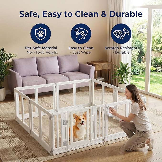 Clear Acrylic Dog Playpen with Door, Transparent Puppy Playpen for Small and Medium Puppies, Easy Assemble Pet Fence Indoor with Safety Lock (White, 69.3 x 69.3 x 22.4 Inch)