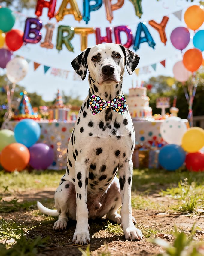 PET SHOW 10 Pack Happy Birthday Big Dog Bow Ties Sliding Collar Attachment Pet Bowties for Medium Large Dogs Party Balloon Cake Bowknots Collar Charms Grooming Accessories