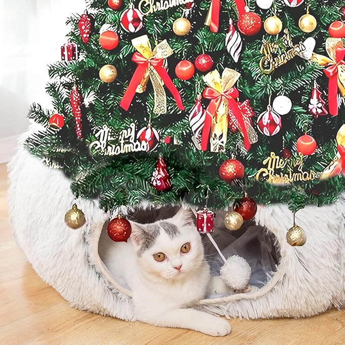 Warm Fluffy Plush Cat Dog Tunnel Bed Under Christmas Tree Big Tube Playground Toys 3 FT Diameter Longer Crinkle Collapsible 3 Way, for Indoor Cat Kitty Kitten Puppy Rabbit Ferret White
