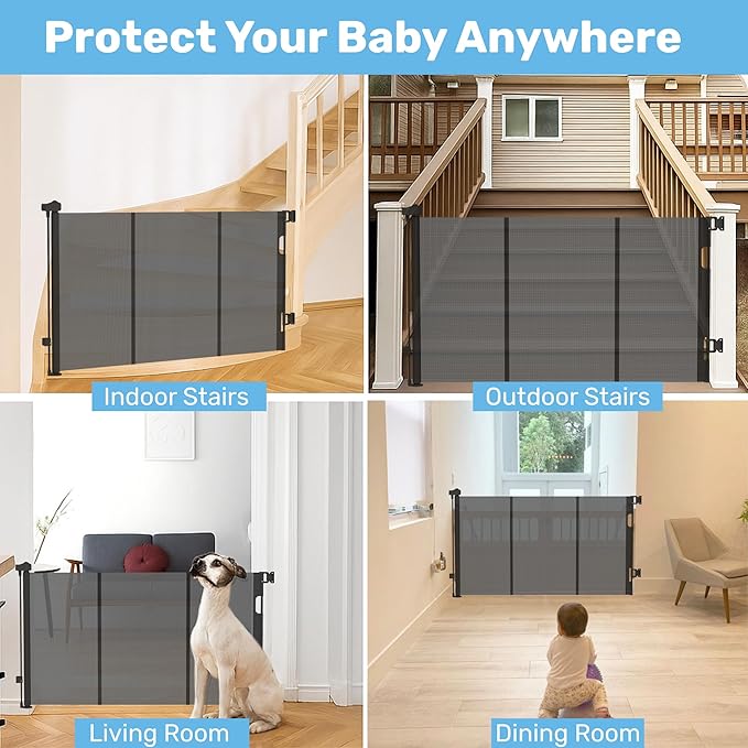 Baby Proof Me Retractable Baby Gates for Stairs & Doorways - 71” Wide Mesh Safety Gate for Toddlers, Dog & Pets - Use for Indoor/Outdoor, Hallways, Deck, Porch - Easy Installation, Secure Closure
