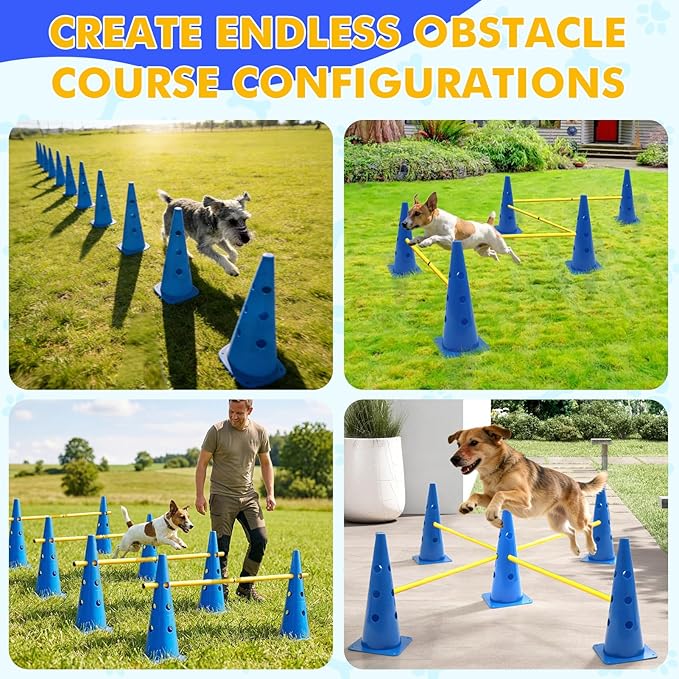Wdmiya Dog Agility Course Backyard Set with Height Adjustable Crossbar, Dog Agility Training Hurdle Cone Set, 18.9" Dog Agility Equipment for Rehabilitation, Obedience, Starter - 6 Poles & 12 Cones