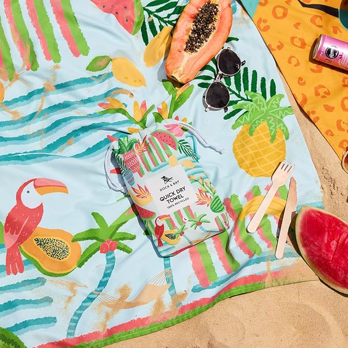 Dock & Bay Beach Towel - Quick Dry, Sand Free - Compact, Lightweight - 100% Recycled - Includes Bag - Tropicana Treat - Large (160x90cm, 63x35)