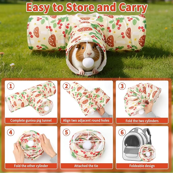 Rypet 3-Way Guinea Pig Tunnel, Collapsible Small Animal Enrichment Toy with Ball, Foldable Rabbit & Hamster Tunnel for Boredom Relief, Washable, Indoor/Outdoor Play