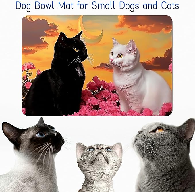Dog Food Mat, 15.7" x 23.6" Absorbent Pet Feeding Mat for Food and Water, Waterproof Diatom Mud Pet Placemat with Non-Slip Rubber Backing, Cat Bowl Mat for Floors - Rose White Black Cat