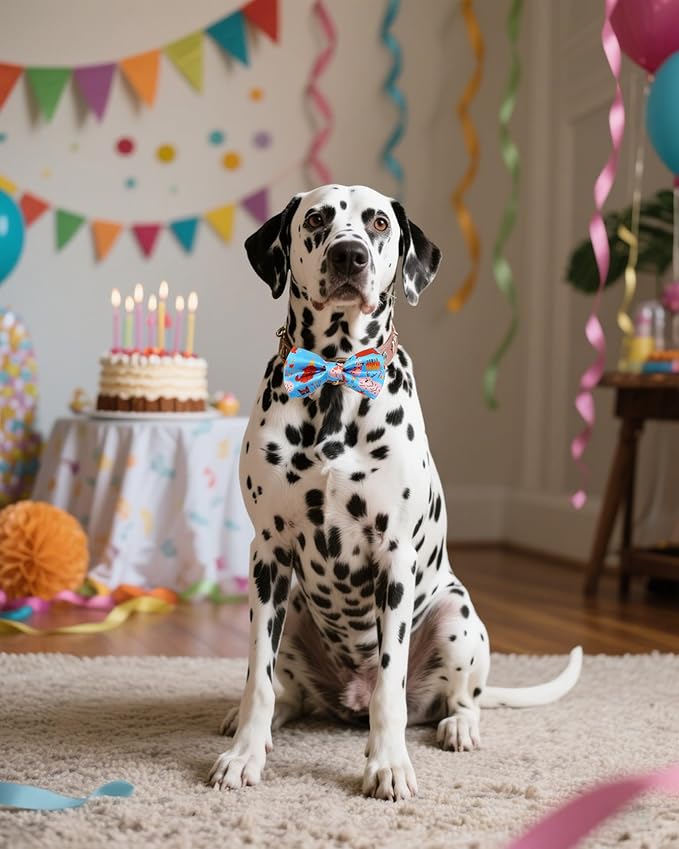 PET SHOW 5 Pack Happy Birthday Big Dog Bow Ties Sliding Collar Attachment Pet Bowties for Medium Large Dogs Party Balloon Cake Bowknots Collar Charms Grooming Accessories