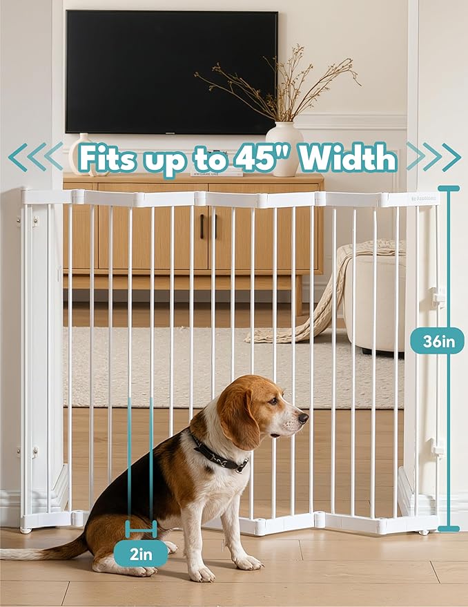 No Pawblems Retractable Safty Gate, Metal Adjustable Dog Gate for Doorways, Stairs & Hallways, Expands to 45" Wide, 36" Tall Gate, Auto Retract Design, No Bottom Bar, White