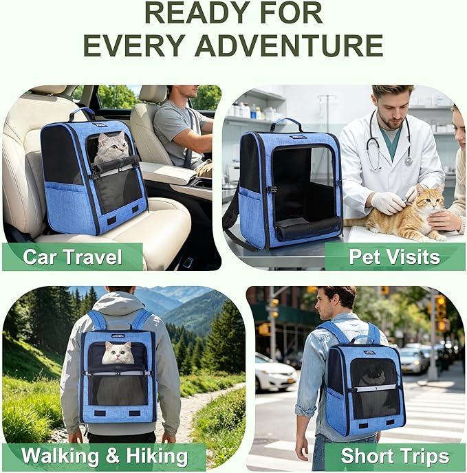 Cat Backpack Carrier with Ventilation Mesh and Safety Leash, Lightweight Dog Travel Backpack with Pockets, Reflective Strip, and Removable Mat,Hiking and Outdoor Use,Blue