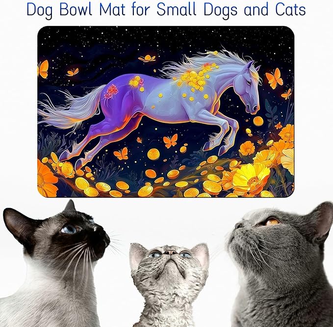 Dog Food Mat, 19.6" x 23.6" Absorbent Pet Feeding Mat for Food and Water, Waterproof Diatom Mud Pet Placemat with Non-Slip Rubber Backing, Cat Bowl Mat for Floors - Yellow Flower Horse