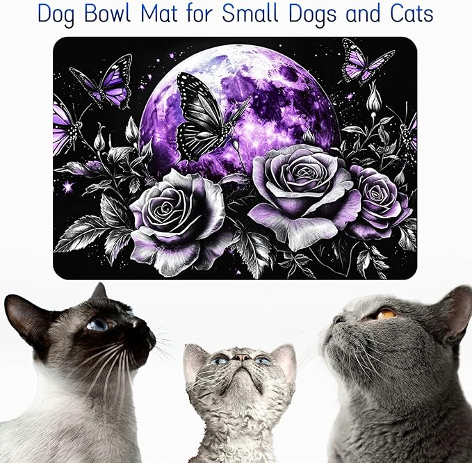 Dog Food Mat, 15.7" x 23.6" Absorbent Pet Feeding Mat for Food and Water, Waterproof Diatom Mud Pet Placemat with Non-Slip Rubber Backing, Easy Clean Cat Bowl Mat for Floors - Purple Moon Rose