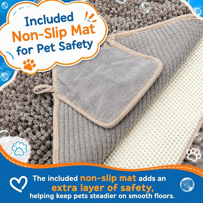 Pet 2-in-1 Dog Towel & Mat – Transforms from Drying to Bath Mat, Ultra Soft, Absorbent & Quick-Drying, Machine Washable Dog Towels with Detachable Non-Slip Mat and Hand Pockets (Medium)