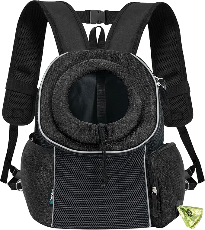 PetAmi Dog Carrier Backpack, Hands Free Front Pet Carrier for Small Medium Cats Puppies, Adjustable Ventilated Reflective Pet Travel Bag for Hiking Camping Biking Walking, Up to 14 lbs, Black