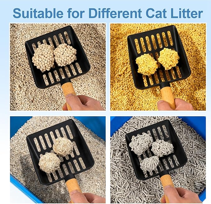 Cat Litter Scoop, Metal Litter Scoop, Heavy Duty Metal Cat Scooper for Litter Box, Black Sifter Scoop for Pellets, Wooden Handle Scoop with Hole, Kitty Necessity (Cat Litter Scoop Long with Holder)