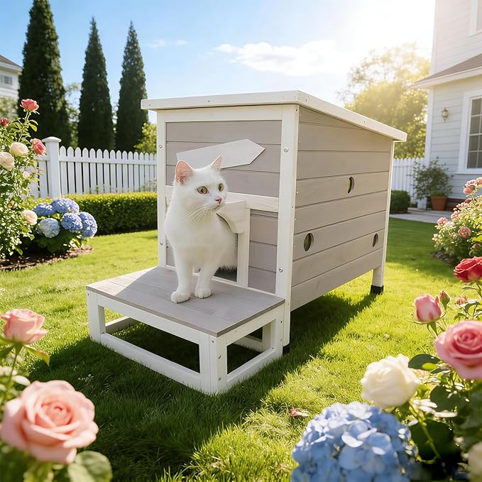 Rockever Outdoor Cat House, Large Outdoor Houses for Feral Cats Wooden Outside Cat Shelter Weatherproof with Escape Door