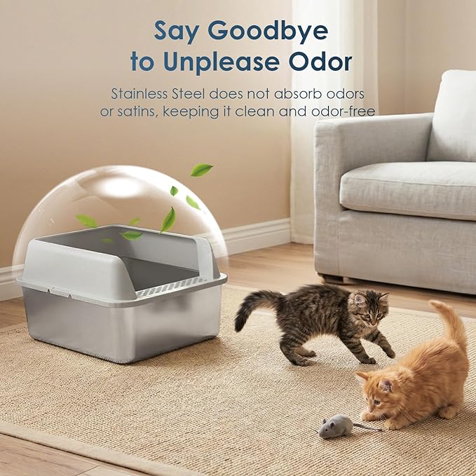 Suzzipaws Stainless Steel Litter Box with Lid, 17.3”×13.4”×9" Kitty Litter Box for Kittens & Small Pets, High Sides Metal Cat Litter Box for Leak Proof, Easy to Clean, Non-Stick, Odor Control