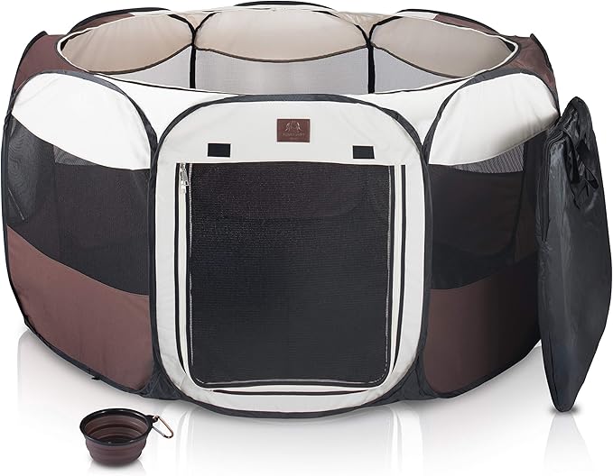 Parkland Pet Portable Foldable Playpen Exercise Kennel Dogs Cats Indoor/outdoor Removable Mesh Shade Cover, Carrying Case & Collapsible Travel Bowl (Large)
