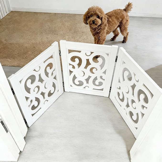 Ashfield & Harkness: 3-Panel Pet Gate - Scroll White - Wooden Foldable Freestanding Fence, Small Dogs & Puppy, 48 x 19.3, Indoor-Doorway-Halls-Stairs