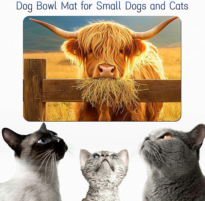 Dog Food Mat, 15.7" x 23.6" Absorbent Pet Feeding Mat for Food and Water, Waterproof Diatom Mud Pet Placemat with Non-Slip Rubber Backing, Easy Clean Cat Bowl Mat for Floors - Yellow Lawn Cow