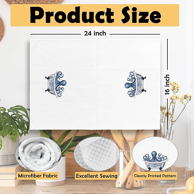 Chinoiserie Coastal Beach Octopus Hand Towels, Ocean Nautical Beachy Hand Towel for Bathroom Decor, Octopus Bathroom Decor, Coastal Marine Decorative Towels for Washroom Restroom 16x24 Inch