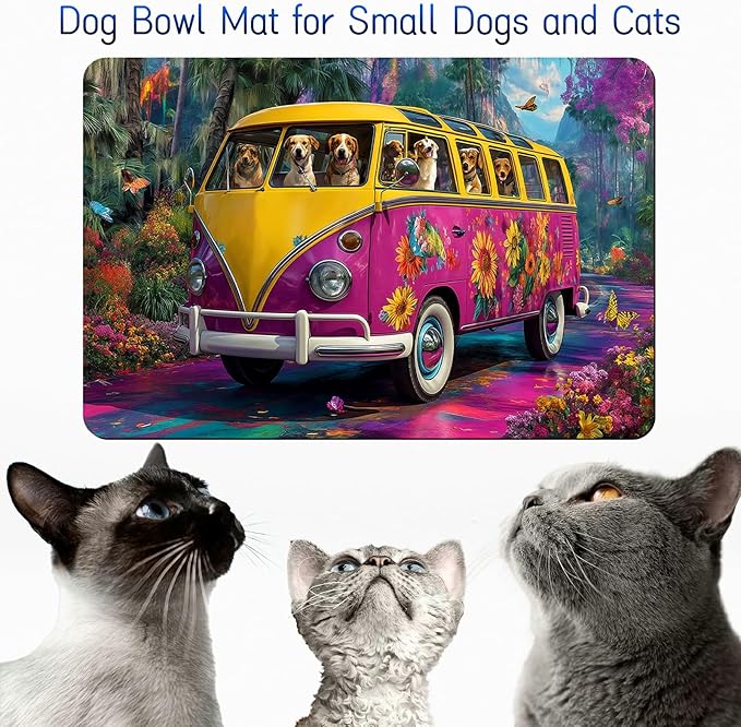 Dog Food Mat, 15.7" x 23.6" Absorbent Pet Feeding Mat for Food and Water, Waterproof Diatom Mud Pet Placemat with Non-Slip Rubber Backing, Easy Clean Cat Bowl Mat for Floors - Pink Car Forest