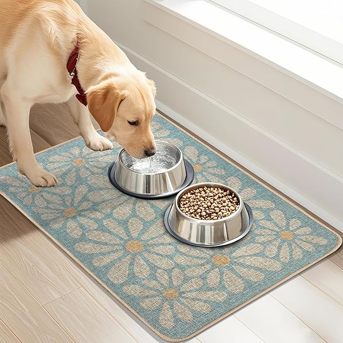 SHIYUE Dog Food Mats for Floors, Absorbent Cat Bowl for Food and Water, Non-Slip Accessories Pet Supplies(17"x30",Sky Blue Flower)