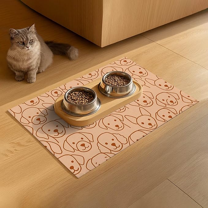 HOMETITUTE Adorable Cute Dog Faces Pattern Pets Food Mat Spill-Proof Pets Feeding Mats Cats Food and Water Bowl Pet Easy Clean Fast Dry Pet Mats for Foods and Water Mat for Cat Dogs 20" x 12"