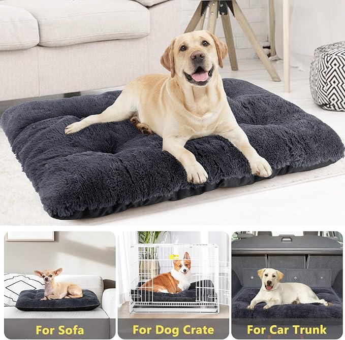 JOEJOY Dog Bed Crate Pad, Deluxe Plush Washable Dog Beds Fulffy Soft Kennel Pad Anti-Slip Pet Sleeping Mat for Medium Small Dogs, 29" x 21", Dark Grey